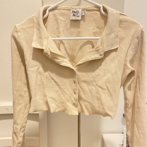 Cropped cream coloured ribbed collared long sleeve- Princess Polly Size US 6 - Picture 1 of 1